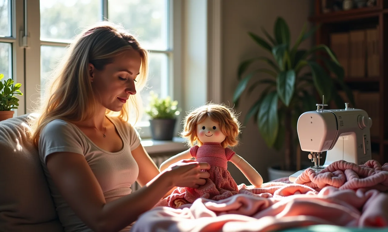Mulher relaxando enquanto costura uma boneca de pano em um quarto ensolarado.
