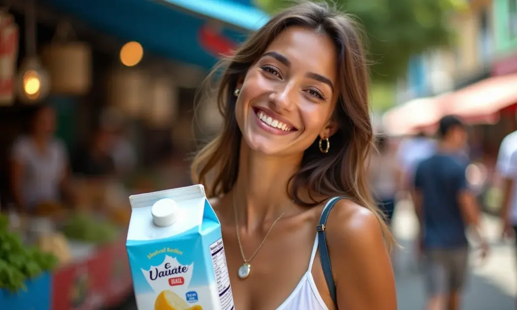 Mulher sorrindo com bolsa feita de caixa de leite em mercado brasileiro.