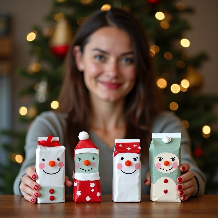 Mulher sorrindo com decoração de Natal sustentável.