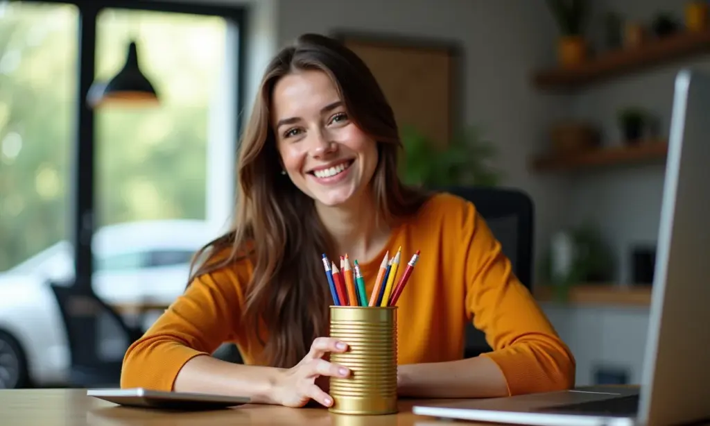 Mulher sorrindo com porta-lápis estiloso feito de lata de batata frita reciclada.