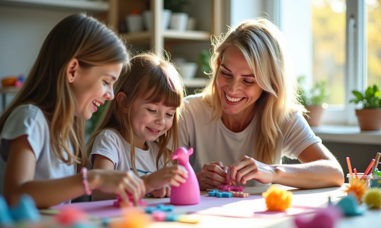 Mulher sorrindo enquanto cria brinquedos de papel com sua filha em mesa ensolarada.