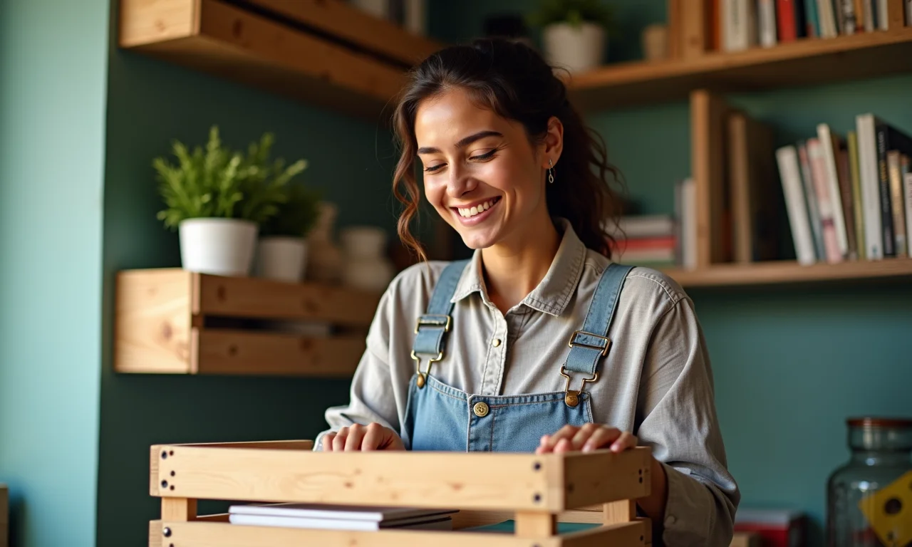 Mulher sorrindo enquanto transforma caixotes de feira em estante.