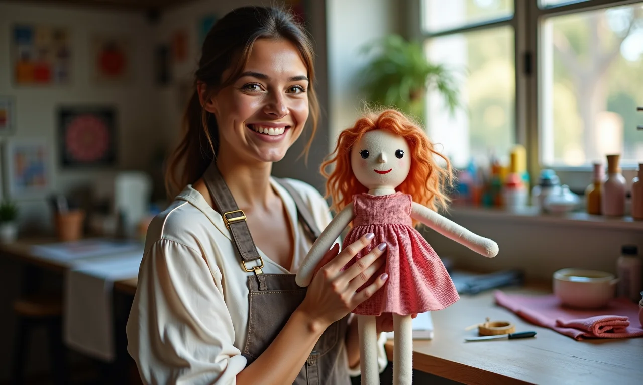 Mulher sorrindo segurando boneca de pano em estúdio ensolarado com materiais de costura.