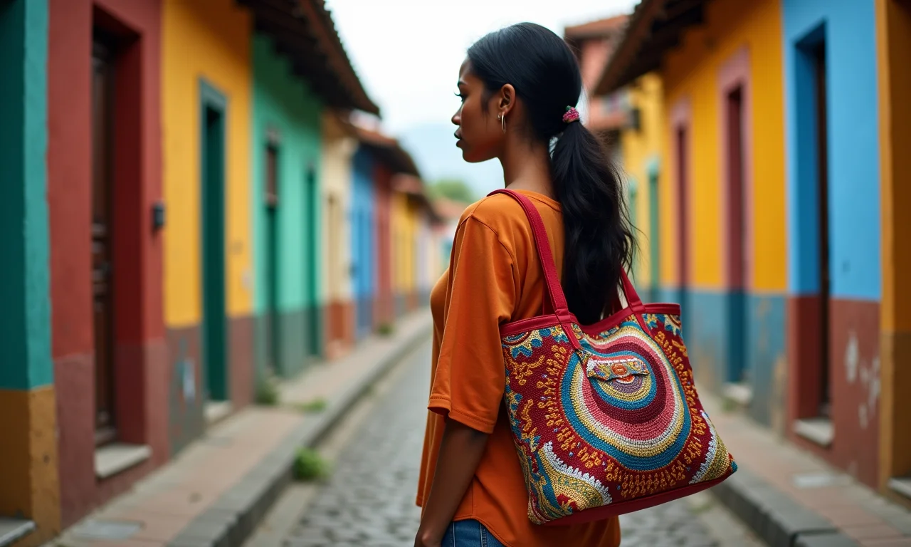 Mulher usando bolsa bordada com ponto russo em rua brasileira.