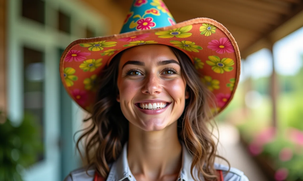 Mulher usando um chapéu de papel divertido com um padrão colorido, sorrindo.