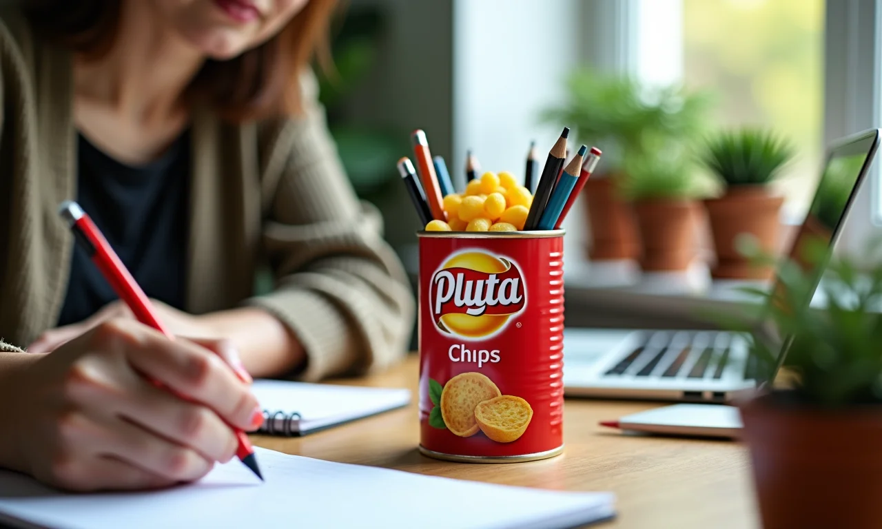 Mulher usando um porta-lápis de lata decorada em sua mesa de escritório.