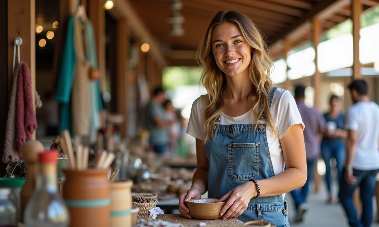 Mulher vendendo artesanato reciclado em um mercado local.