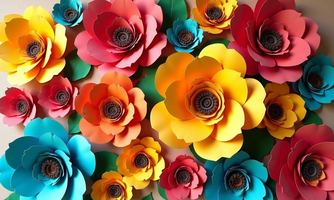 Mural de flores vibrante feito com rolos de papel, estilo Farm Rio, decorando uma parede.