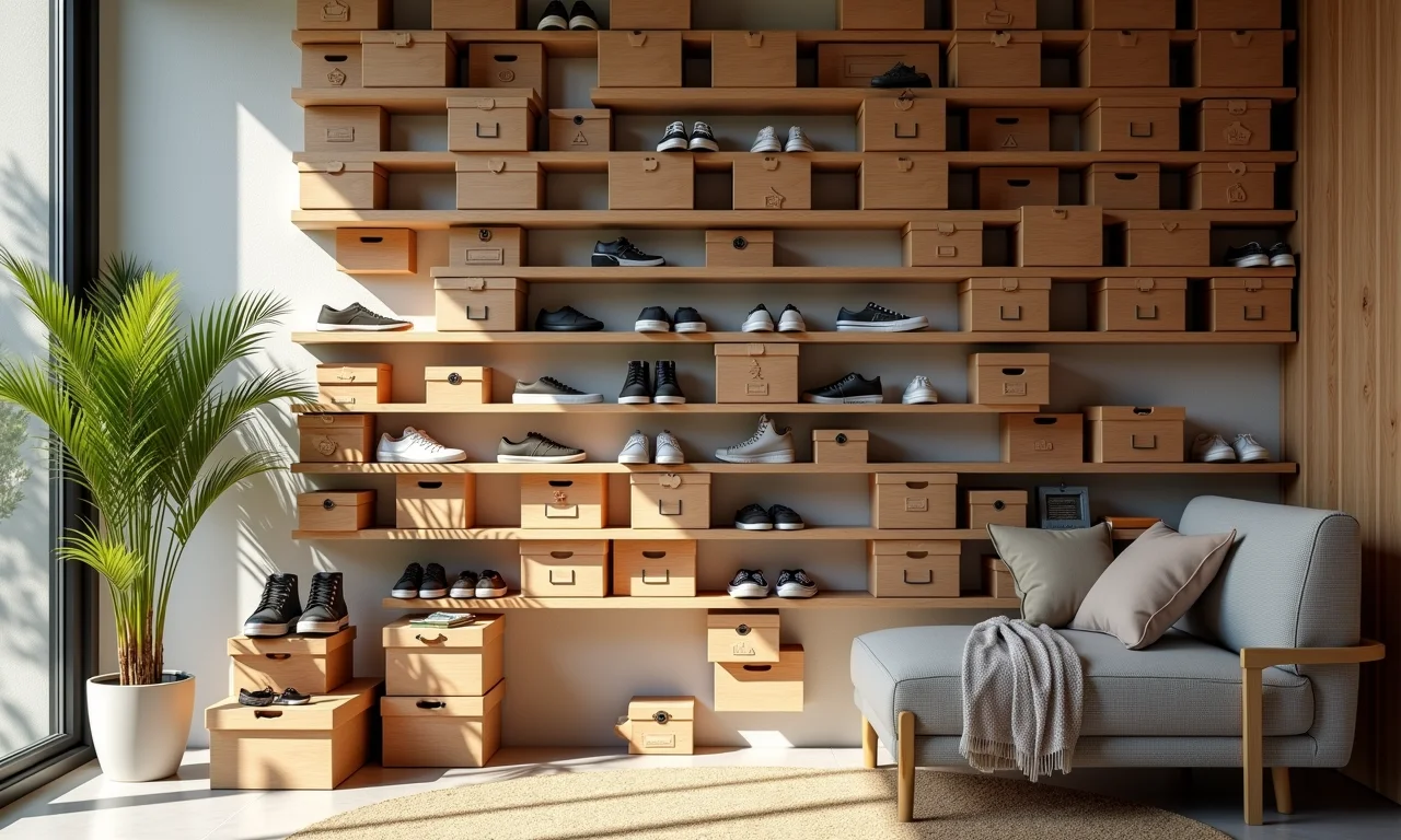 Mural de fotos inspirador feito com caixas de sapato.