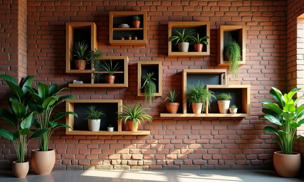 Nichos e prateleiras de pallets decorados com artesanato e plantas em parede de tijolos.