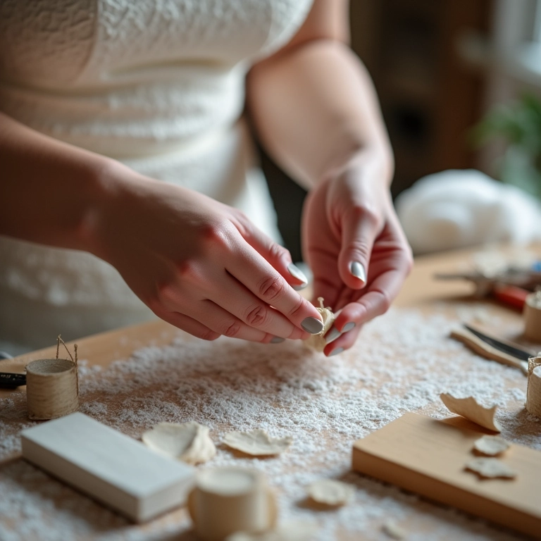 Noiva criando lembrancinhas DIY para o casamento.