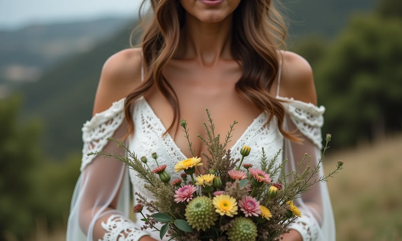 Noiva segurando buquê rústico com flores do campo, símbolo do amor em casamento.