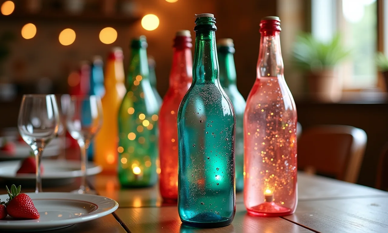 Objetos de decoração para festas feitos de garrafas de vidro decoradas, adornando uma mesa de festa.