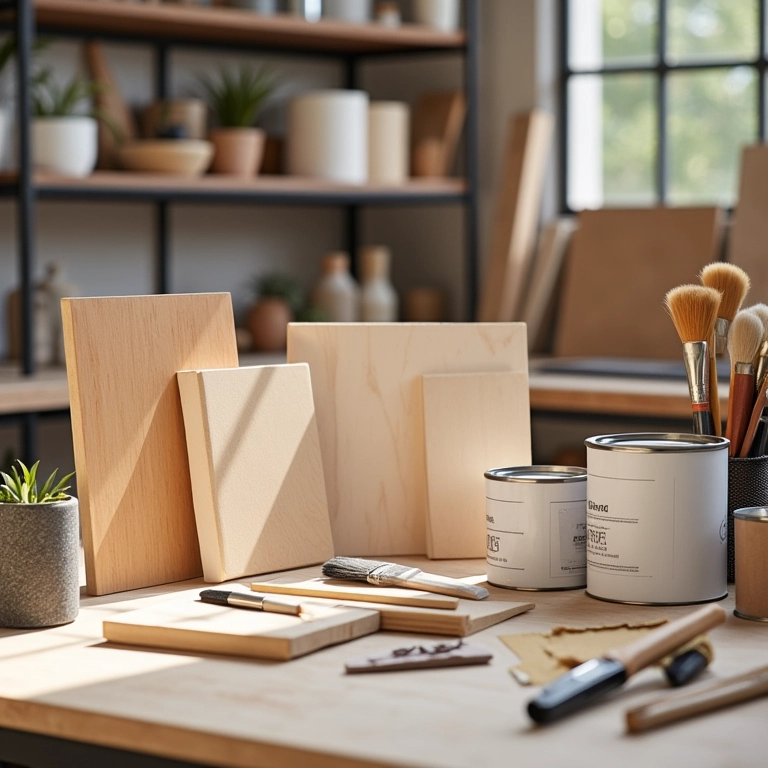 Oficina organizada com materiais para pintar MDF.