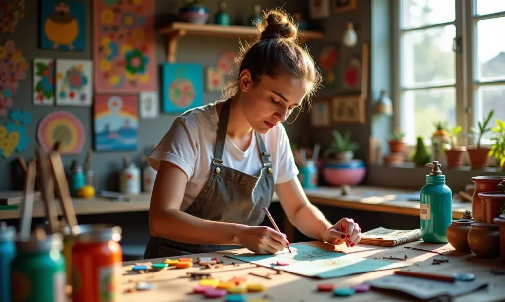 Oficina vibrante com artesanato reciclado, mãos criando arte a partir de lixo.