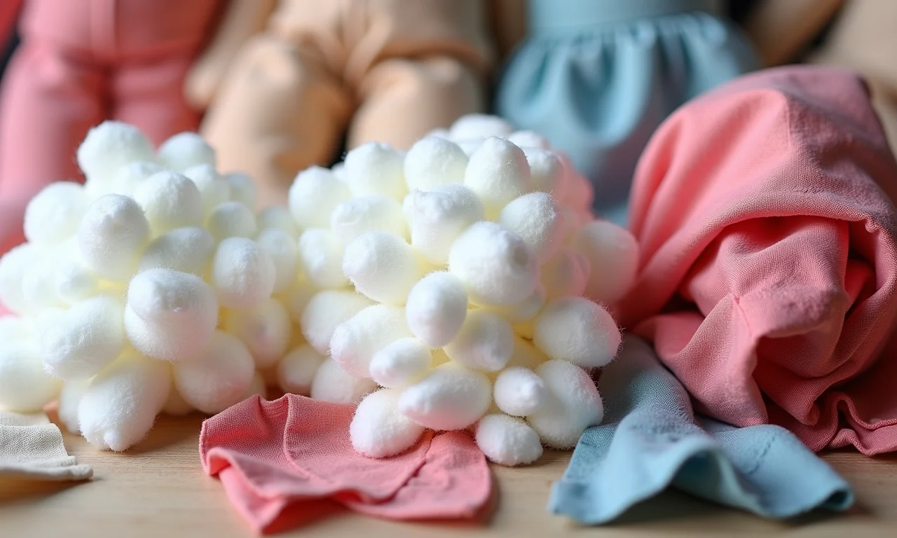 Opções de enchimento para bonecas de pano: algodão hipoalergênico, fibra siliconada e retalhos.