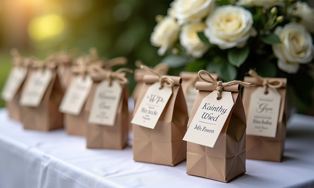 Opções de personalização de lembrancinhas de casamento em uma mesa.