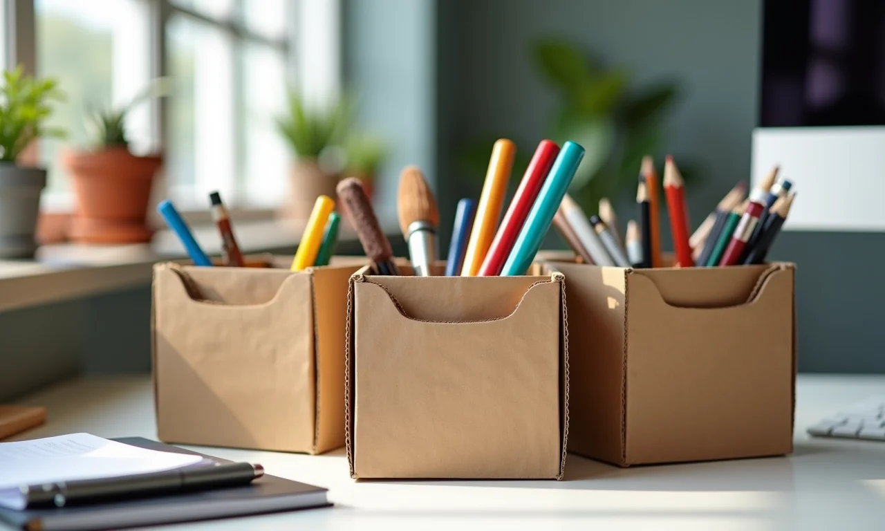 Organizadores criativos feitos com caixas de papelão para materiais de escritório.
