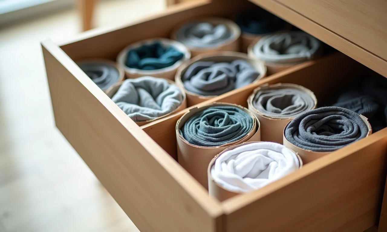Organizadores de gaveta feitos com rolos de papel organizando meias e roupas íntimas.