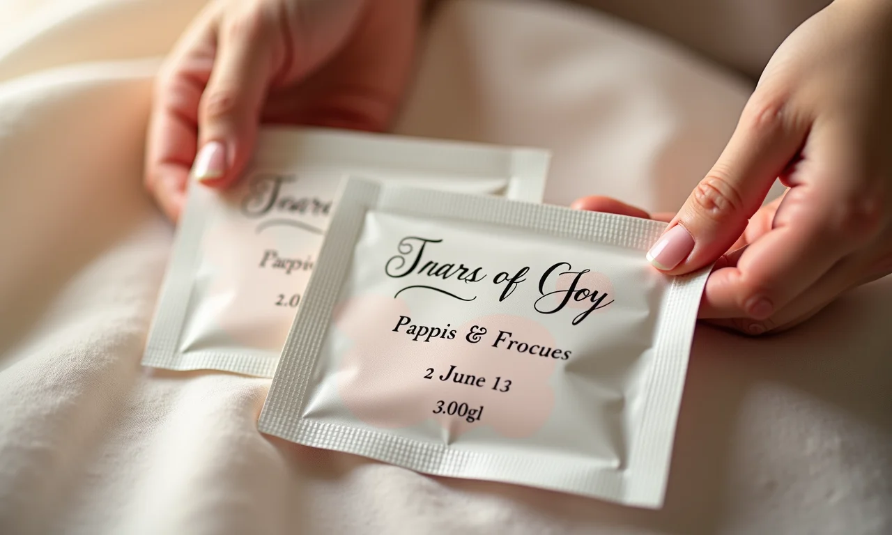 Pacotes personalizados de 'Lágrimas de Alegria' com detalhes em EVA.