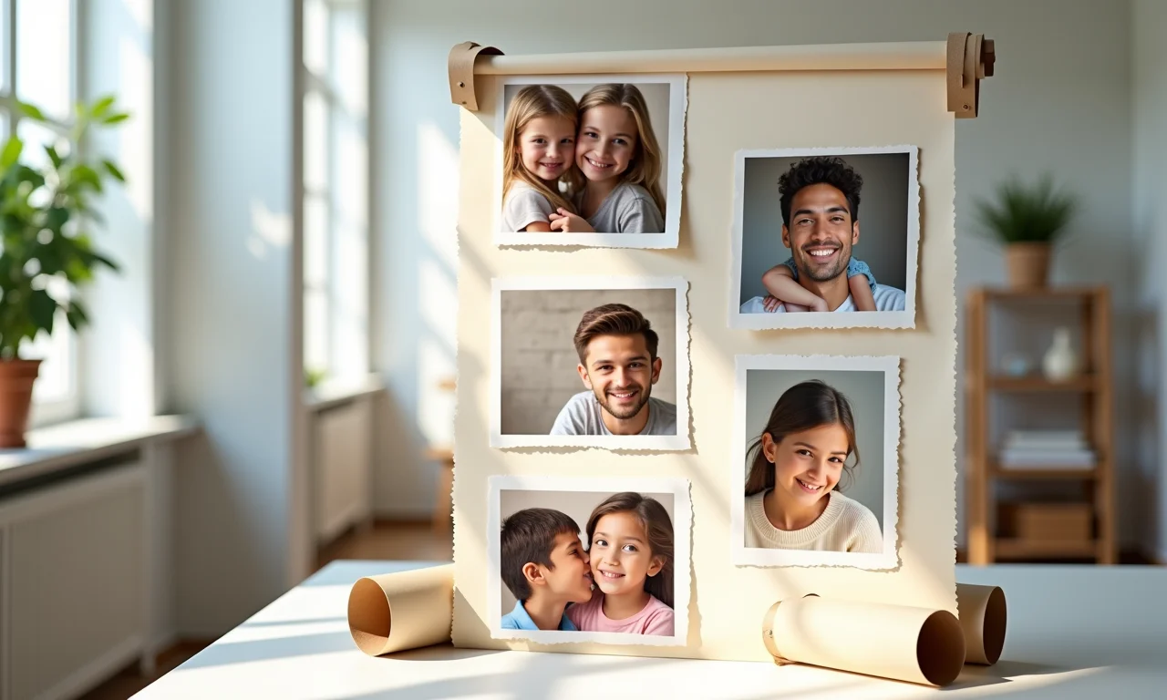 Painéis de fotos criativos feitos com rolos de papel exibindo fotos de família.