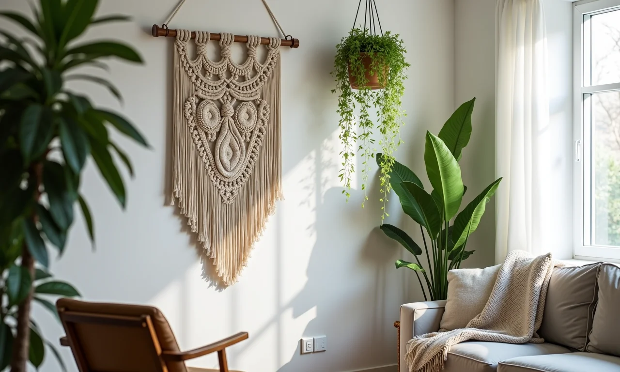 Painel de macramê pendurado em um apartamento de estilo boêmio.
