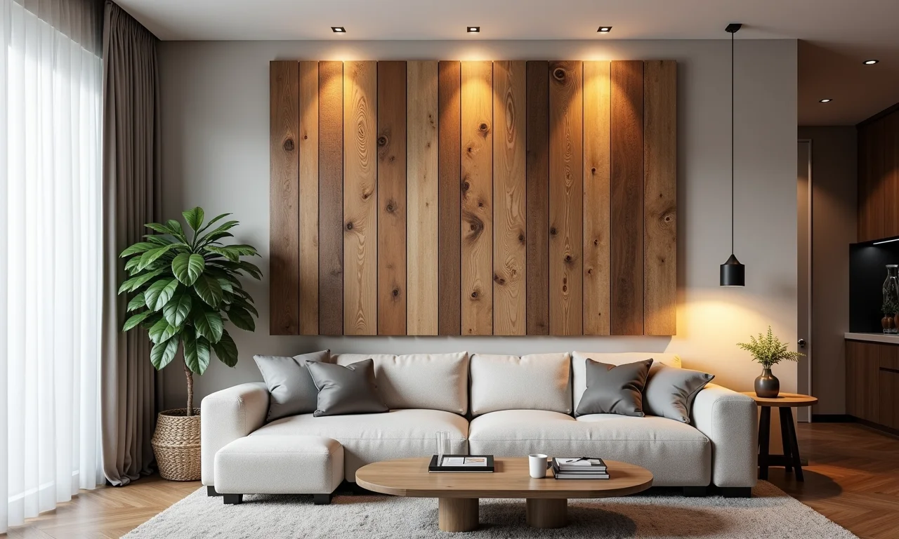 Painel de parede de paletes em uma sala de estar elegante com obras de arte.