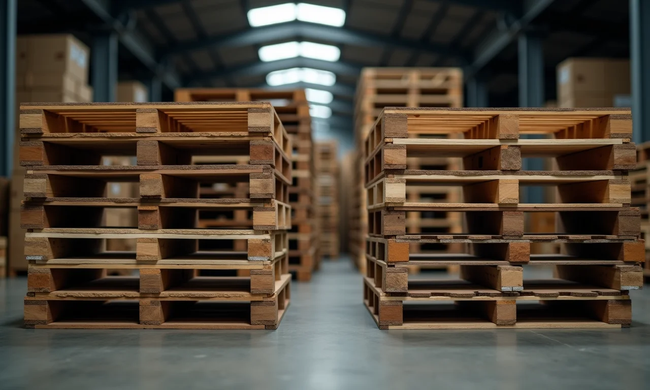 Paletes empilhados em um depósito, prontos para serem reaproveitados.