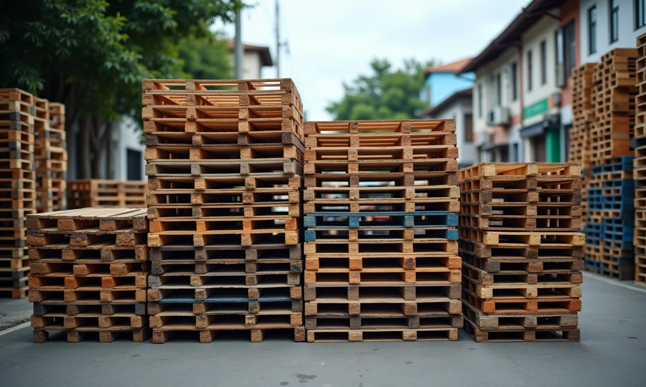 Pallets empilhados em ambiente urbano brasileiro.