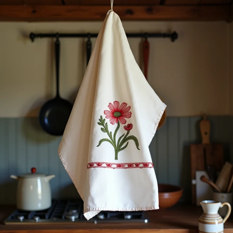 Pano de prato bordado com ponto alinhavo em cozinha rústica