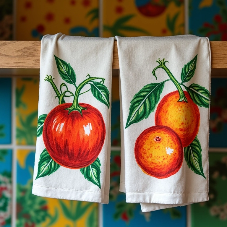 Panos de prato com frutas e legumes coloridos.