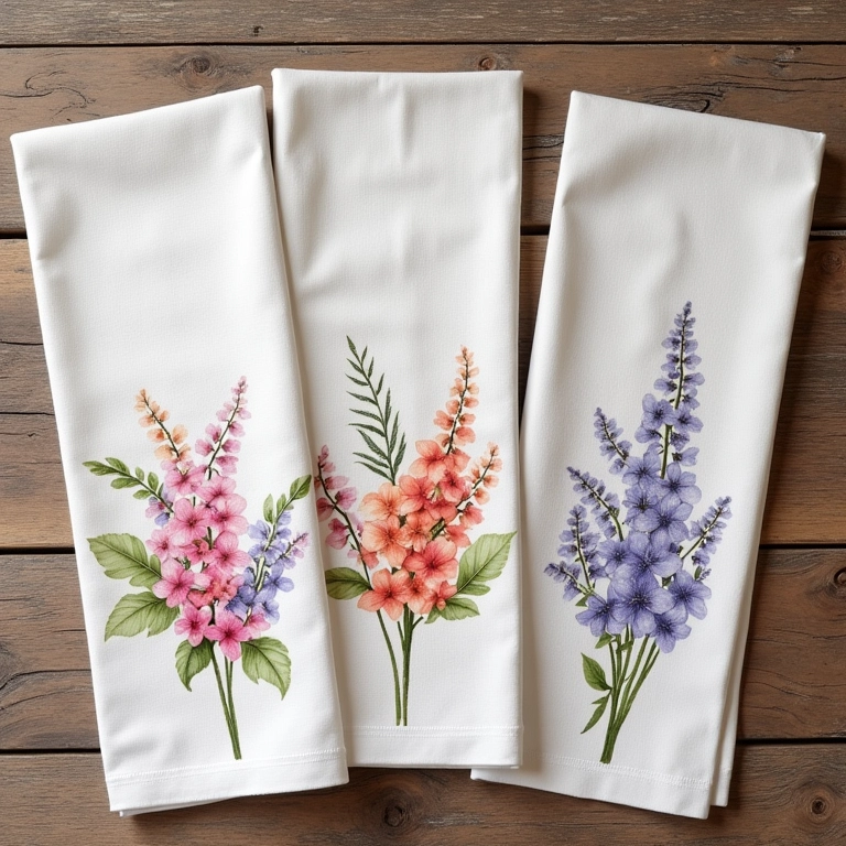 Panos de prato com motivos florais delicados.