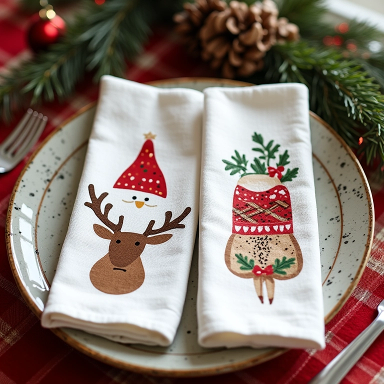 Panos de prato com temas natalinos festivos.