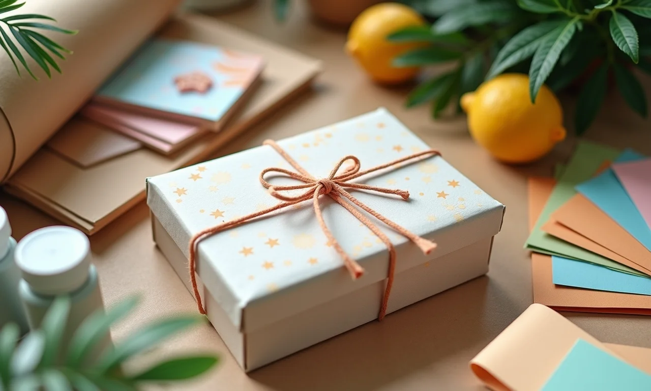 Papéis e adesivos da Scrapbook ao lado de um projeto de artesanato com caixa de sapato.