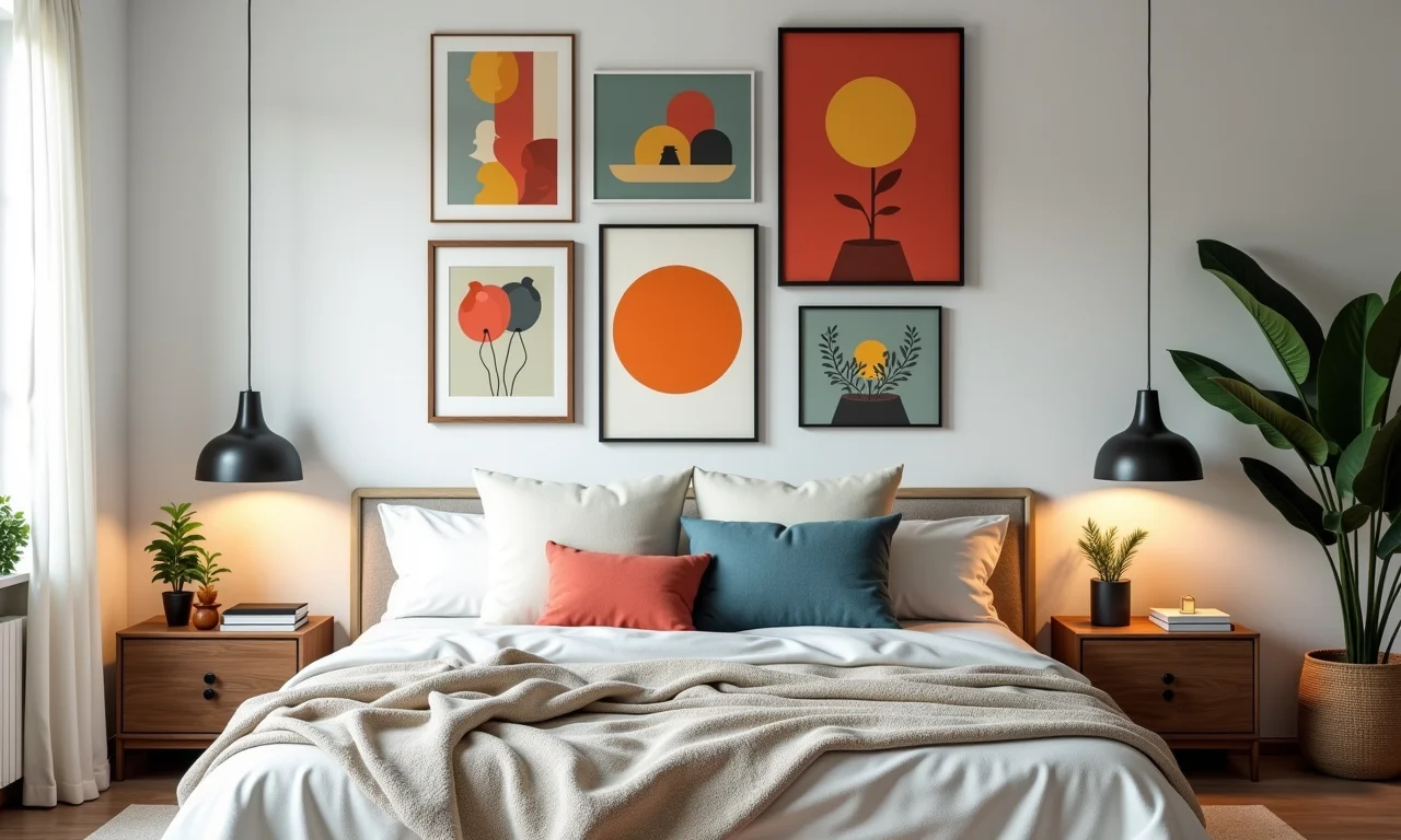 Paredes decoradas com quadros coloridos e diversos, expressando personalidade.