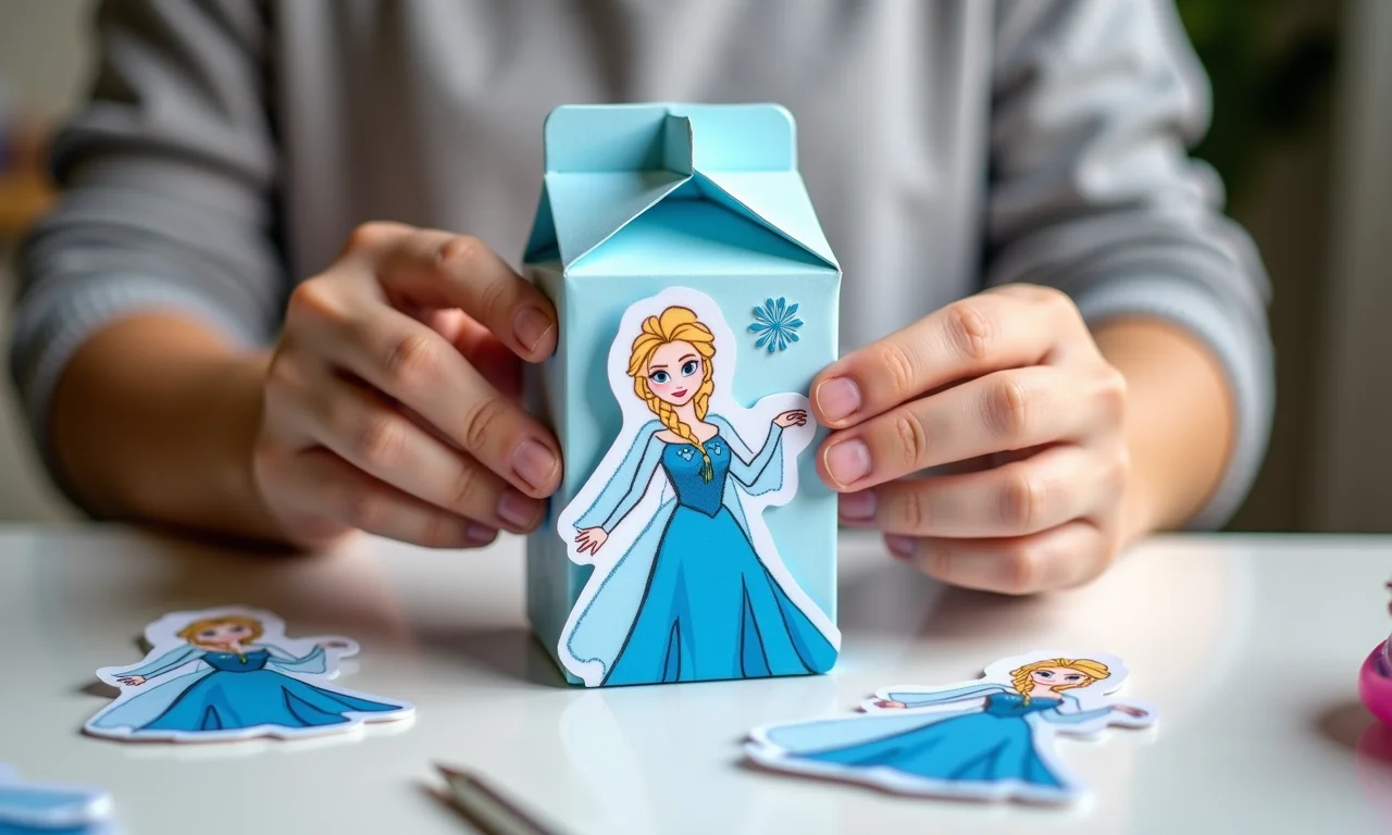 Passo a passo: colando personagens da Frozen na lembrancinha.