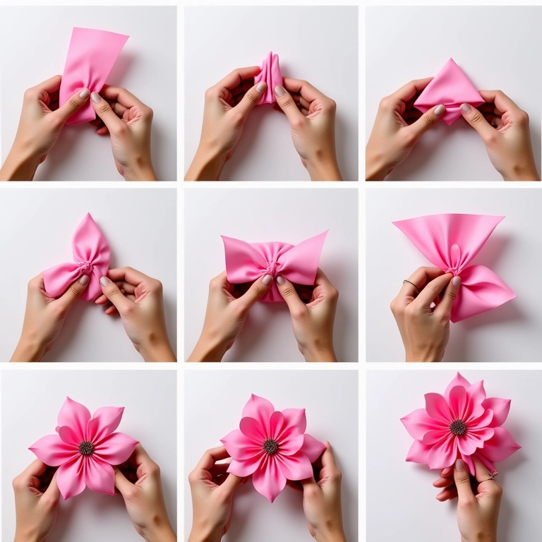 Passo a passo da criação de uma flor de fita de cetim.