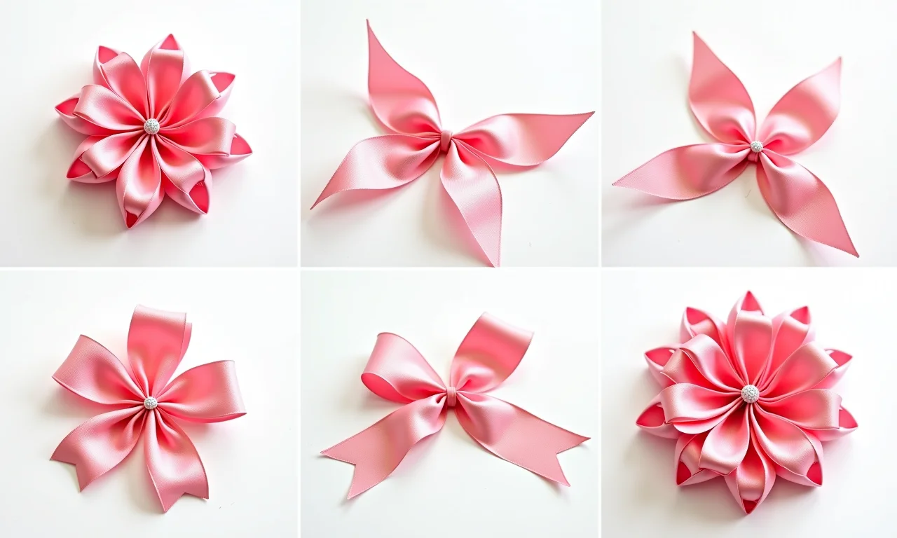 Passo a passo de flor de fita simples com pétalas dobradas.