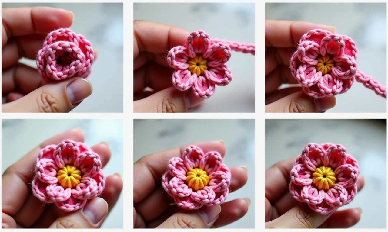 Passo a passo ilustrado para criar uma flor de crochê.
