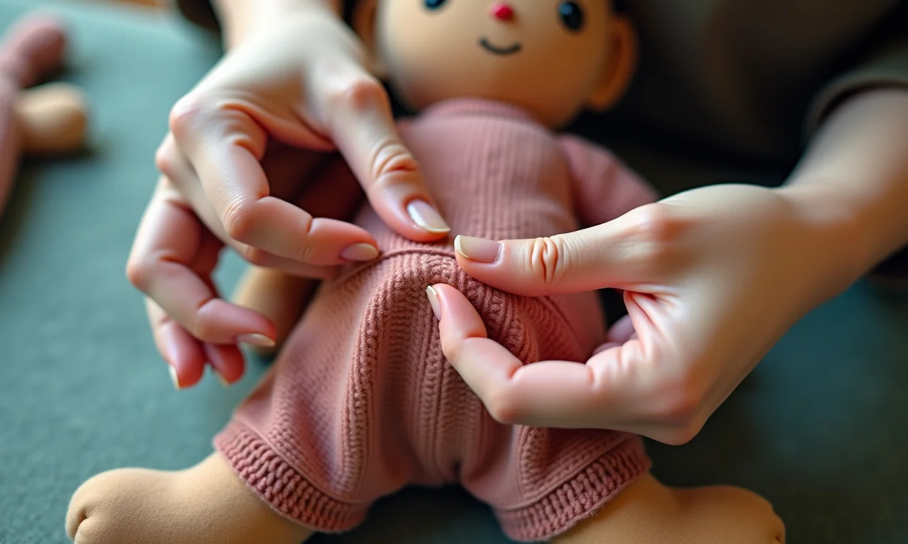 Passo a passo: mãos costurando uma boneca de pano juntas.