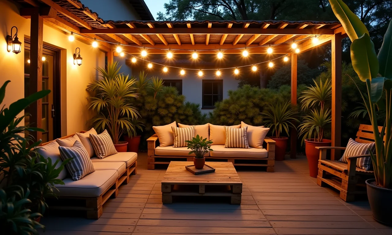 Pátio em estilo brasileiro com móveis de pallet e luzes.