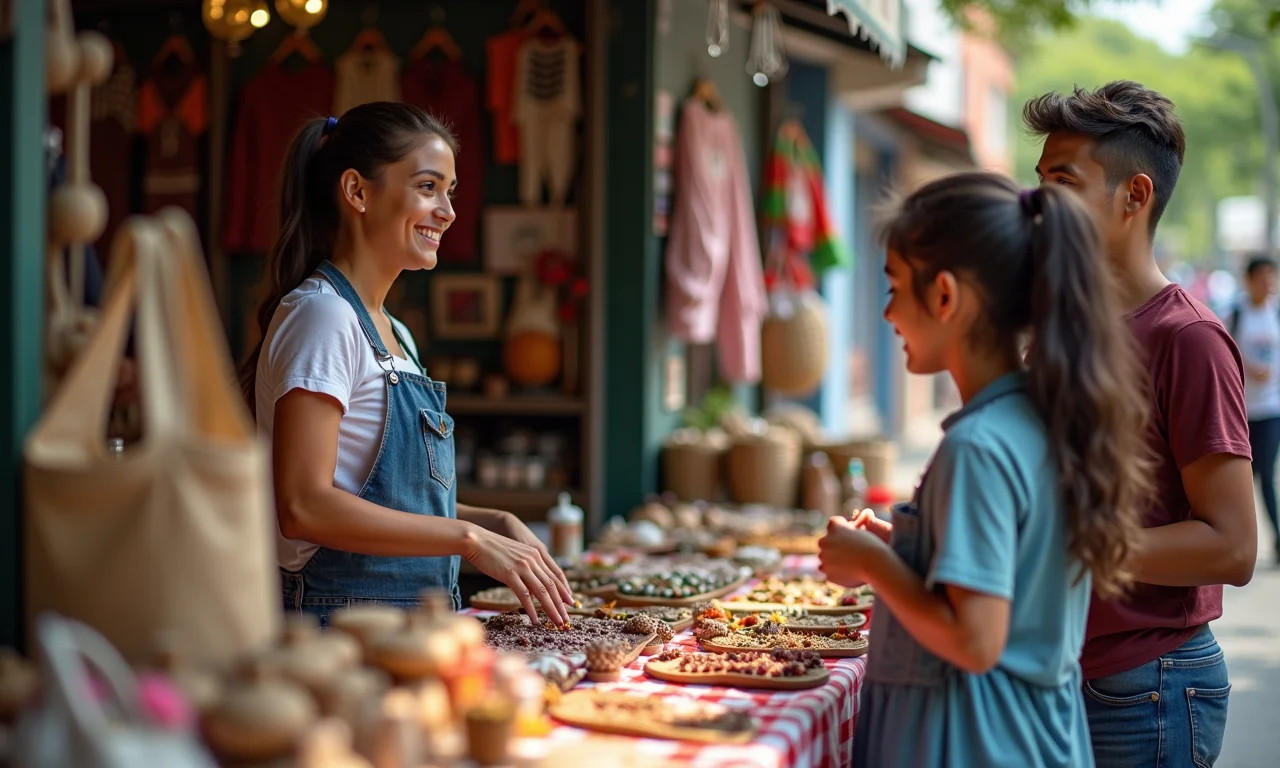 Peças de artesanato à venda em uma feira com clientes interessados.