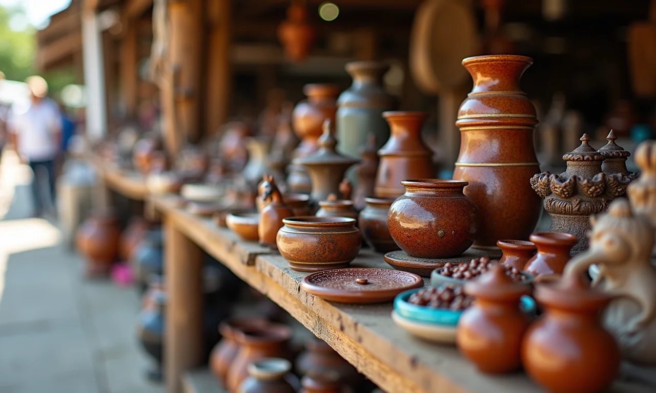Peças de artesanato originais expostas em um mercado local brasileiro.