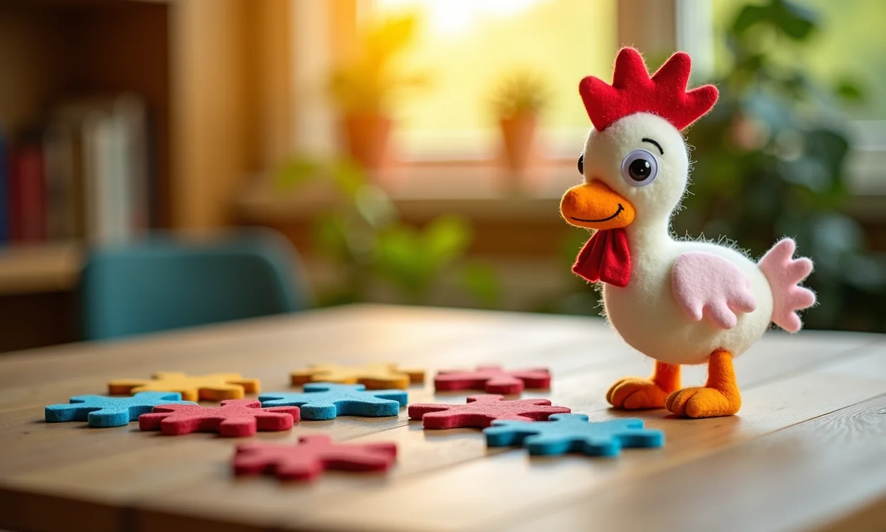Peças de quebra-cabeça de feltro da Galinha Pintadinha em uma mesa de madeira.