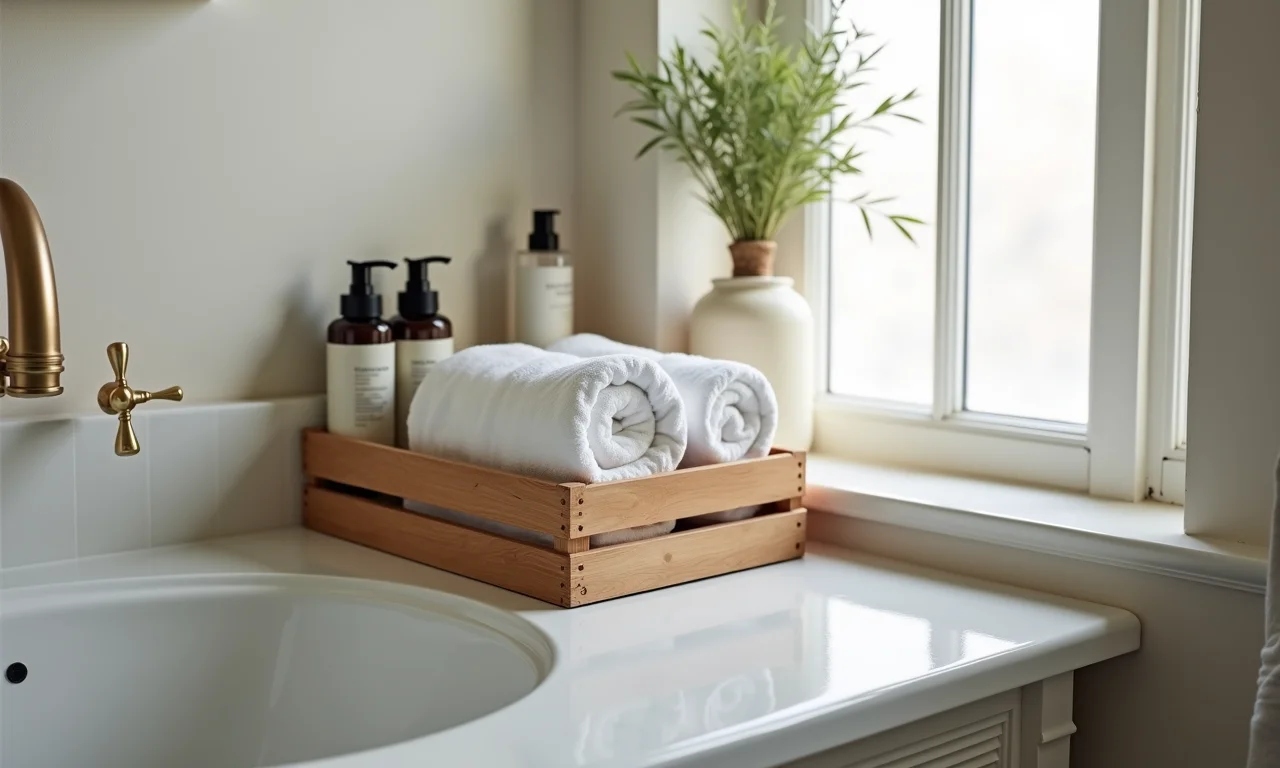 Pequena estante de caixote no banheiro com toalhas enroladas e produtos de higiene pessoal.
