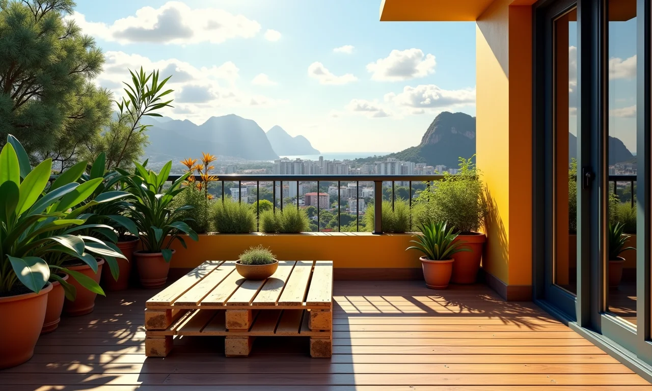 Pequena varanda com mesa de centro de pallet, plantas e vista do Rio de Janeiro.