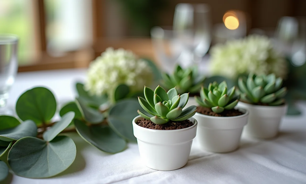 Pequenas suculentas como lembrancinhas de casamento em uma mesa decorada.