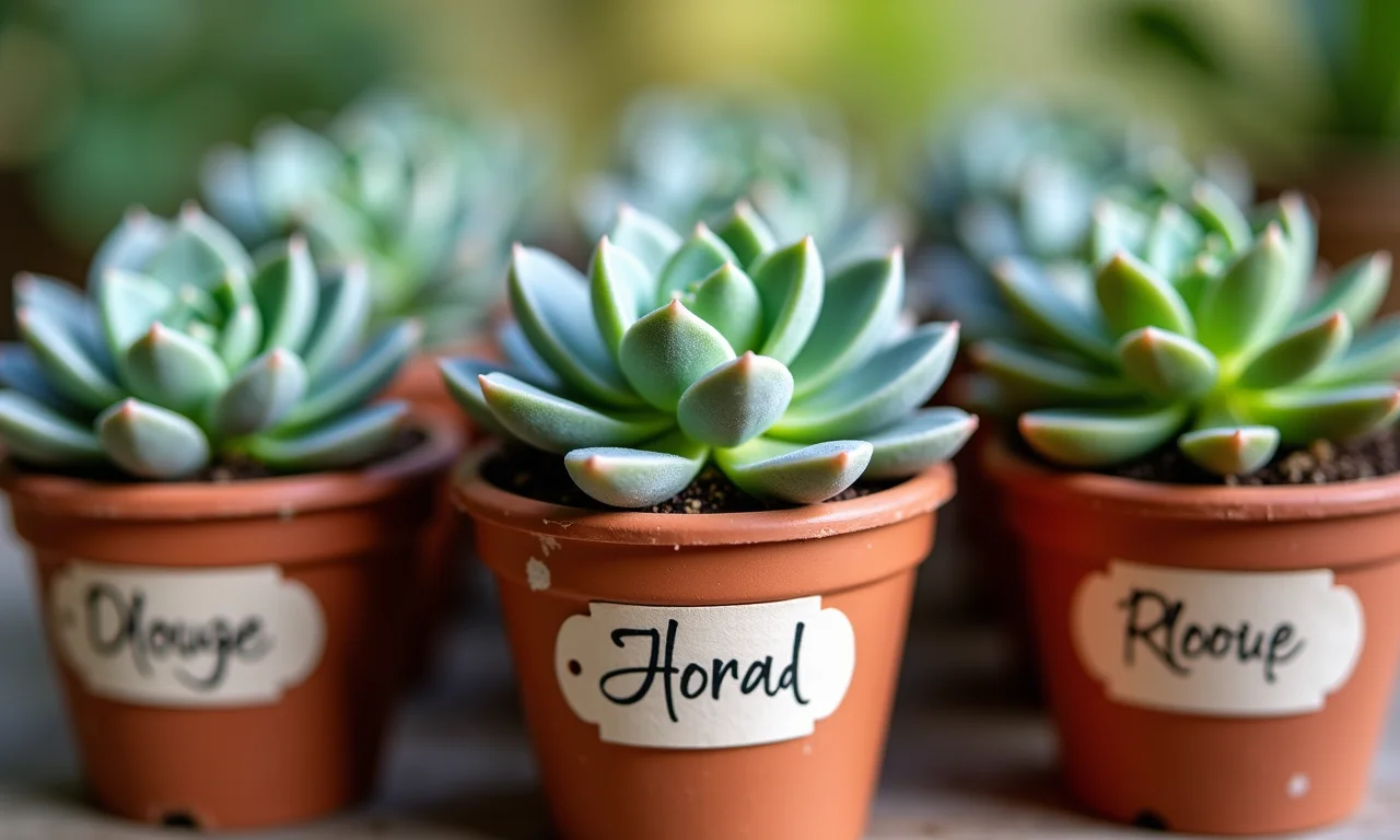 Pequenas suculentas em vasos como lembrancinha de casamento.