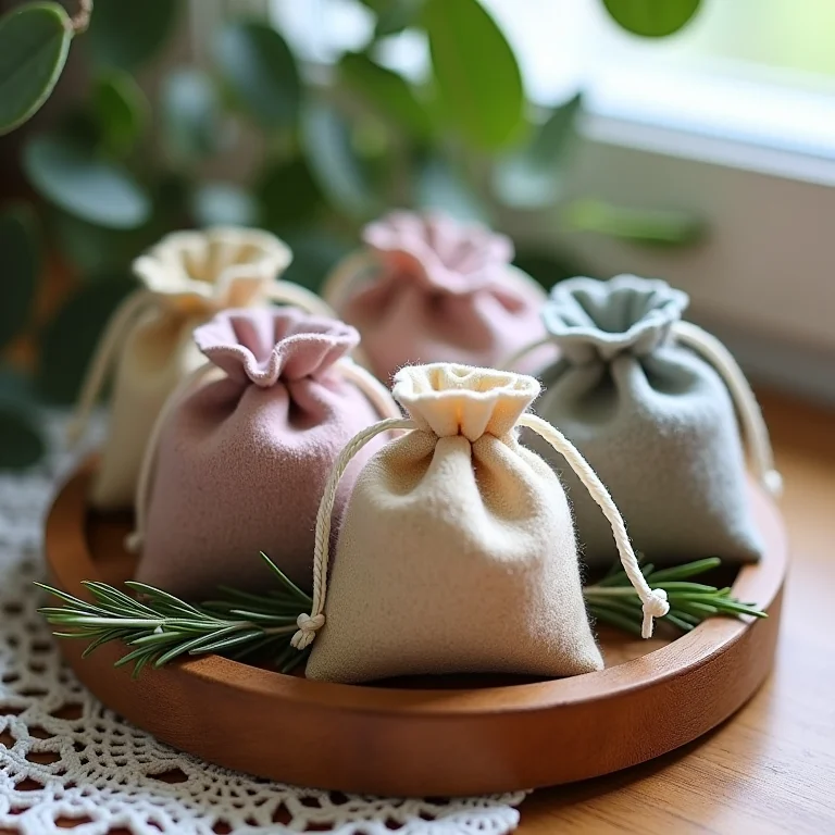 Pequenos saquinhos de feltro com potpourri em bandeja de madeira