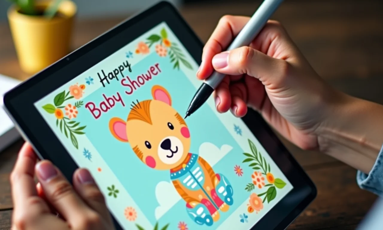 Personalizando moldes de chá de bebê em um tablet.